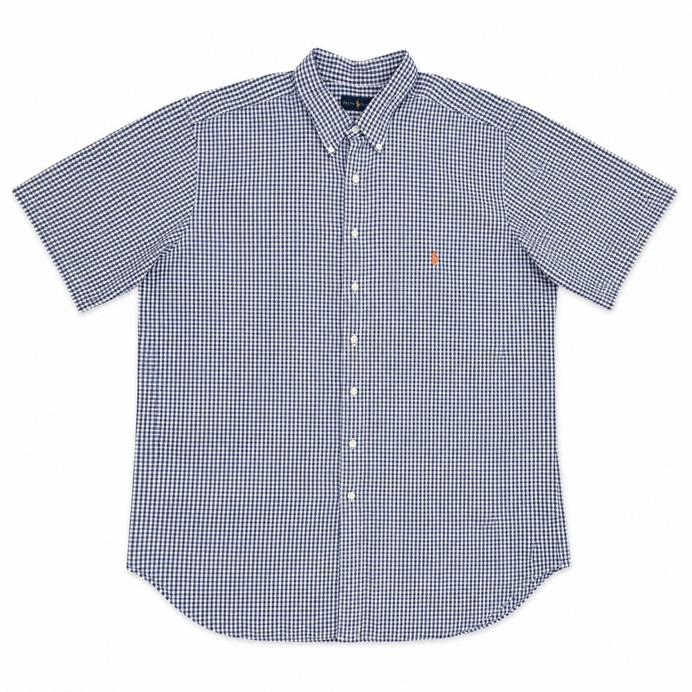 Ralph Lauren Mens 2XLT Tall Blue Gingham Cotton Short Sleeve Button Down Shirt - Picture 2 of 16